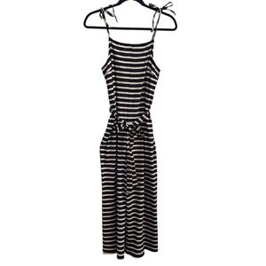 MONTEAU Navy and White Striped Sleeveless Jumper With Waist Sash